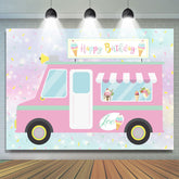 Toile de fond de joyeux anniversaire de camion de crème glacée mignon et rose